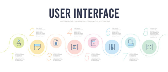 user interface concept infographic design template. included rounded corners square, open envelope, ribbon from a book, note blog, left side alignment, page with one curled corner icons