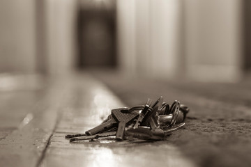 lost keys in the hotel lobby from the office, the background and background are blurred with the...