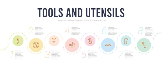tools and utensils concept infographic design template. included large spoon, flame extinguisher, moustaches, mercury thermometer degrees, camera with flash, school push pin icons