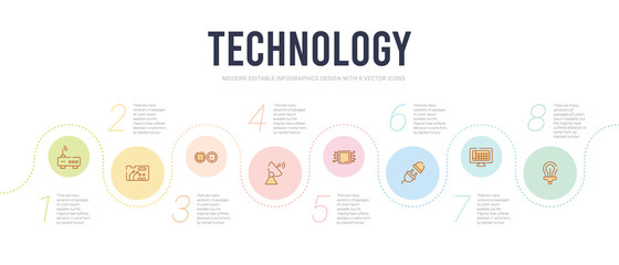 technology concept infographic design template. included bulb, spreadsheet, plugs, computer microprocessor, frequency antenna, vehicle speedometer icons