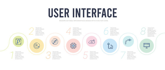 user interface concept infographic design template. included display, curved arrows, arrow heading up, cloud with connection, make, curve line icons