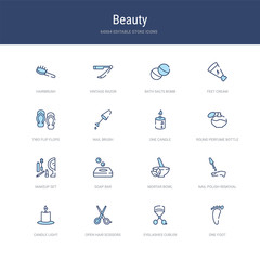 set of 16 vector stroke icons such as one foot, eyelashes curler, open hair scissors, candle light, nail polish removal, mortar bowl from beauty concept. can be used for web, logo, ui\u002fux
