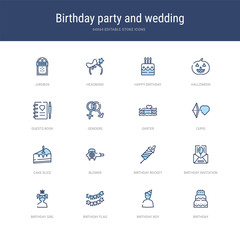 set of 16 vector stroke icons such as birthday, birthday boy, birthday flag, girl, invitation, rocket from party and wedding concept. can be used for web, logo, ui\u002fux