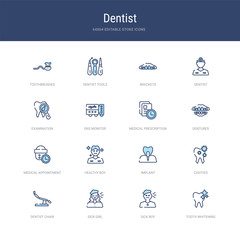 set of 16 vector stroke icons such as tooth whitening, sick boy, sick girl, dentist chair, cavities, implant from dentist concept. can be used for web, logo, ui\u002fux