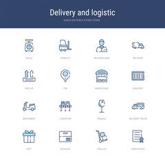 set of 16 vector stroke icons such as certificate, trolley, package, gift, delivery truck, fragile from delivery and logistic concept. can be used for web, logo, ui\u002fux
