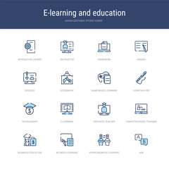 set of 16 vector stroke icons such as ask, asynchronous learning, blended learning, business education, computer-based training, distance teacher from e-learning and education concept. can be used