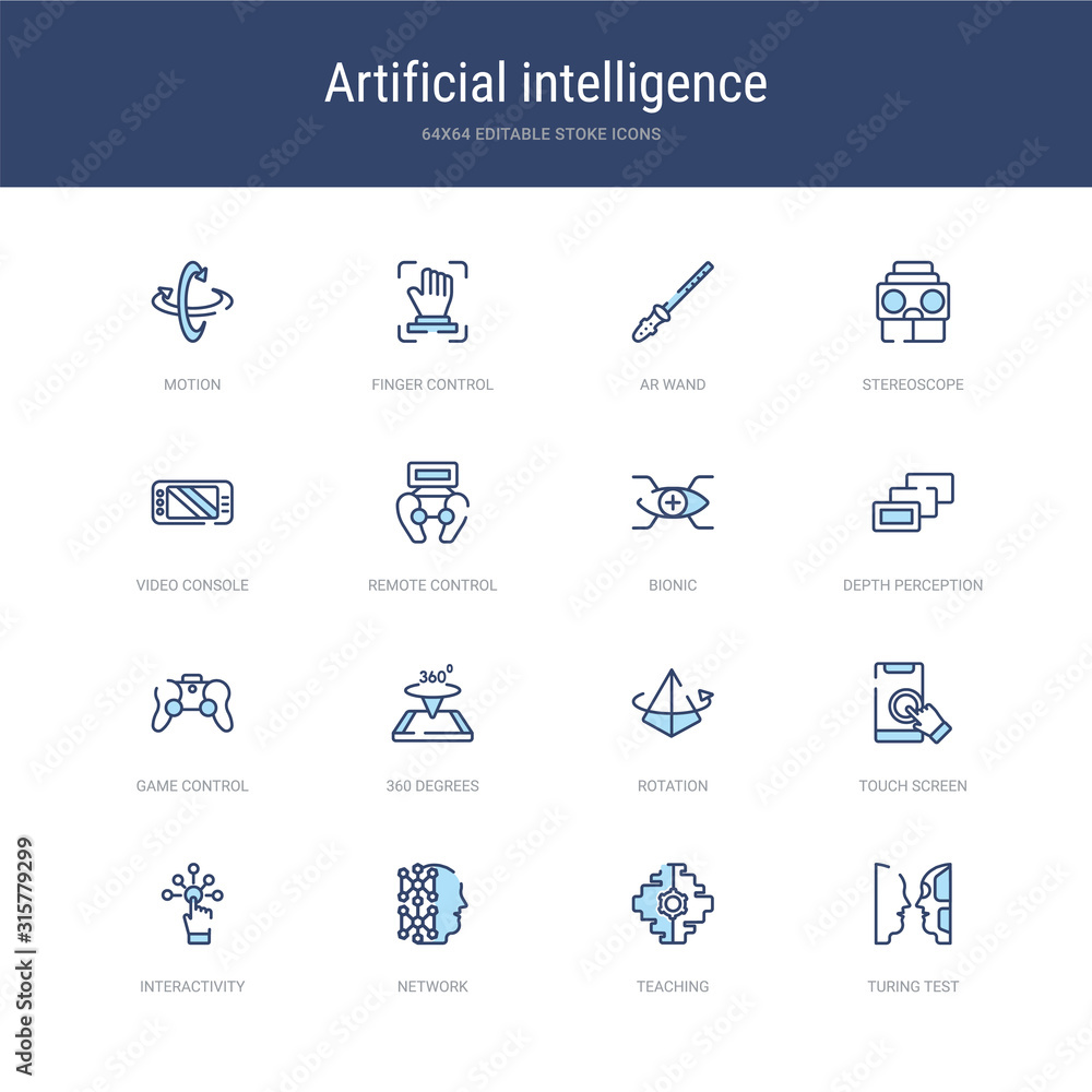 Poster set of 16 vector stroke icons such as turing test, teaching, network, interactivity, touch screen, r
