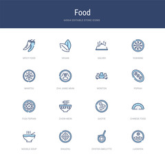 set of 16 vector stroke icons such as luosifen, oyster omelette, shuizhu, noodle soup, chinese food, guotie from food concept. can be used for web, logo, ui\u002fux