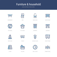 set of 16 vector stroke icons such as dinner table, wall clock, pillows, floor, night stand, cuckoo clock from furniture & household concept. can be used for web, logo, ui\u002fux