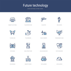 set of 16 vector stroke icons such as ar glasses, vr glasses, smart house, hologram, stethoscope, egg incubator from future technology concept. can be used for web, logo, ui\u002fux