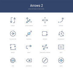 set of 16 vector stroke icons such as back, expand, backspace, spin, next, horizontal arrows from arrows 2 concept. can be used for web, logo, ui\u002fux