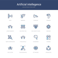 set of 16 vector stroke icons such as exoskeleton, eye tracking, face recognition, field of view, flyboard, future brain from artificial intellegence concept. can be used for web, logo, ui\u002fux