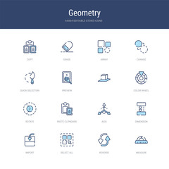 set of 16 vector stroke icons such as measure, reverse, select all, import, dimension, axis from geometry concept. can be used for web, logo, ui\u002fux