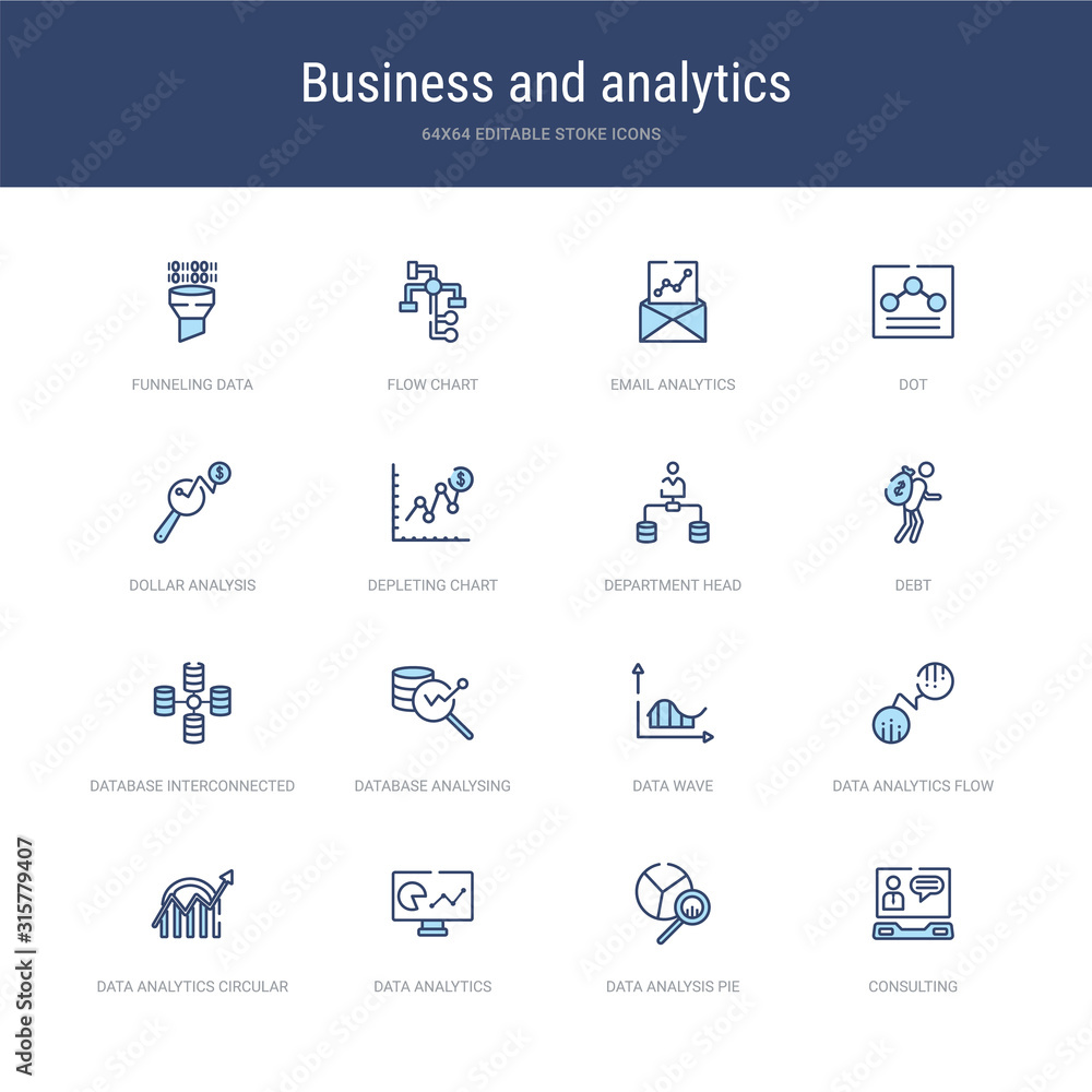 Aufkleber set of 16 vector stroke icons such as consulting, data analysis pie chart, data analytics, data anal