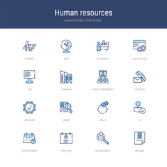 set of 16 vector stroke icons such as resume, recruitment, profiles, appointment, hi, skills from human resources concept. can be used for web, logo, ui\u002fux
