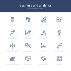 set of 16 vector stroke icons such as consulting, data analysis pie chart, data analytics, data analytics circular, analytics flow, wave from business and concept. can be used for web, logo,