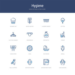 set of 16 vector stroke icons such as hair washing, appointment book, sanitary napkin, nail clippers, urinal, bathroom from hygiene concept. can be used for web, logo, ui\u002fux
