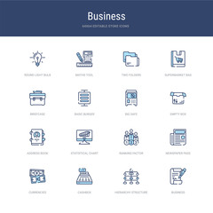 set of 16 vector stroke icons such as business, hierarchy structure, cashbox, currencies, newspaper page, ranking factor from business concept. can be used for web, logo, ui\u002fux