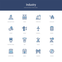 set of 16 vector stroke icons such as danger, barrier, boxes, water tank, lever, tools from industry concept. can be used for web, logo, ui\u002fux