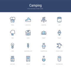 set of 16 vector stroke icons such as sleeping bag, flask, outlet, matches, pocket knife, camping gas from camping concept. can be used for web, logo, ui\u002fux