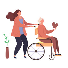 Modern vector illustration of help old disabled people. Characters volunteers with handicapped grandmother. Daughter walks with old disabled mother in the wheelchair.