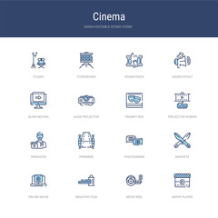 Fototapeta na wymiar set of 16 vector stroke icons such as movie player, movie reel, negative film, online movie, machete, photograms from cinema concept. can be used for web, logo, ui\u002fux