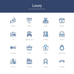 set of 16 vector stroke icons such as limousine, throne, cottage, vip pass, diamond ring, gems from luxury concept. can be used for web, logo, ui\u002fux