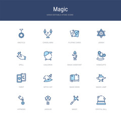 set of 16 vector stroke icons such as crystal ball, magic, juggler, hypnosis, magic lamp, magic book from concept. can be used for web, logo, ui\u002fux