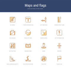 set of 16 vector stroke icons such as plain flag, taxi stop, electrocution risk, rock landslide safety, spacing, mark from maps and flags concept. can be used for web, logo, ui\u002fux