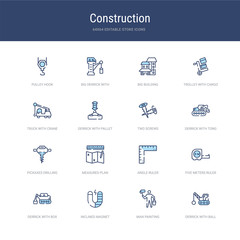 set of 16 vector stroke icons such as derrick with ball, man painting, inclined magnet, derrick with box, five meters ruler, angle ruler from construction concept. can be used for web, logo,