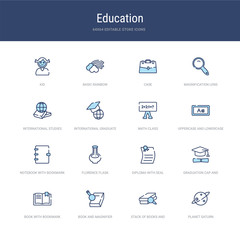 set of 16 vector stroke icons such as planet saturn, stack of books and magnifier, book and magnifier, book with bookmark, graduation cap and diploma, diploma with seal from education concept. can