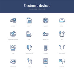 set of 16 vector stroke icons such as magsafe, ssd, jack, video card, earphones, phones from electronic devices concept. can be used for web, logo, ui\u002fux