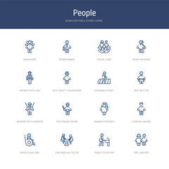 set of 16 vector stroke icons such as girl and boy, public fountain, children on teeter totter, wheelchair side view, carnival masks, woman portrait from people concept. can be used for web, logo,