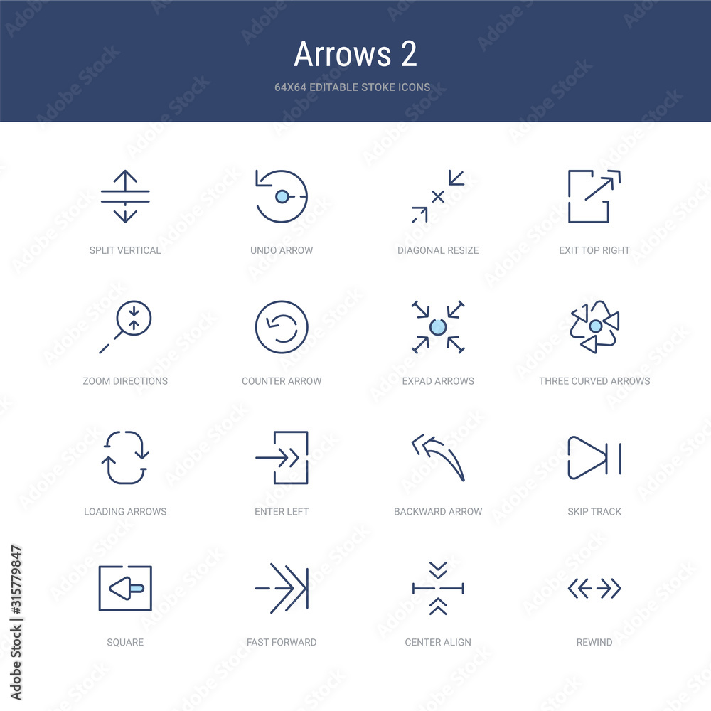 Poster set of 16 vector stroke icons such as rewind, center align, fast forward, square, skip track, backwa