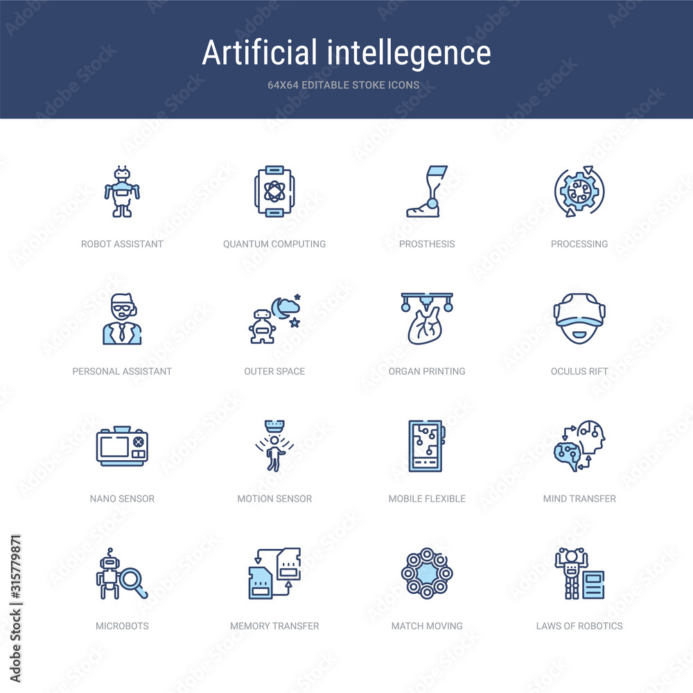 Poster set of 16 vector stroke icons such as laws of robotics, match moving, memory transfer, microbots, mi