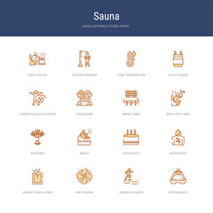 set of 16 vector stroke icons such as 2steam bath, adrenalin rush, air cooling, aroma stimulation, arterioles, asian bath from sauna concept. can be used for web, logo, ui\u002fux