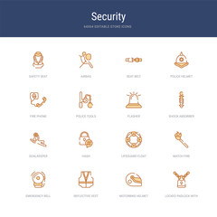 set of 16 vector stroke icons such as locked padlock with chain, motorbike helmet, reflective vest, emergency bell, match fire, lifeguard float from security concept. can be used for web, logo,