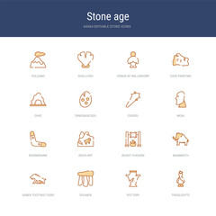 set of 16 vector stroke icons such as troglodyte, pottery, dolmen, saber toothed tiger, mammoth, roast chicken from stone age concept. can be used for web, logo, ui\u002fux
