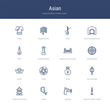 set of 16 vector stroke icons such as oriental pearl tower, dragon, carps, temple of heaven, sky lantern, yuan from asian concept. can be used for web, logo, ui\u002fux