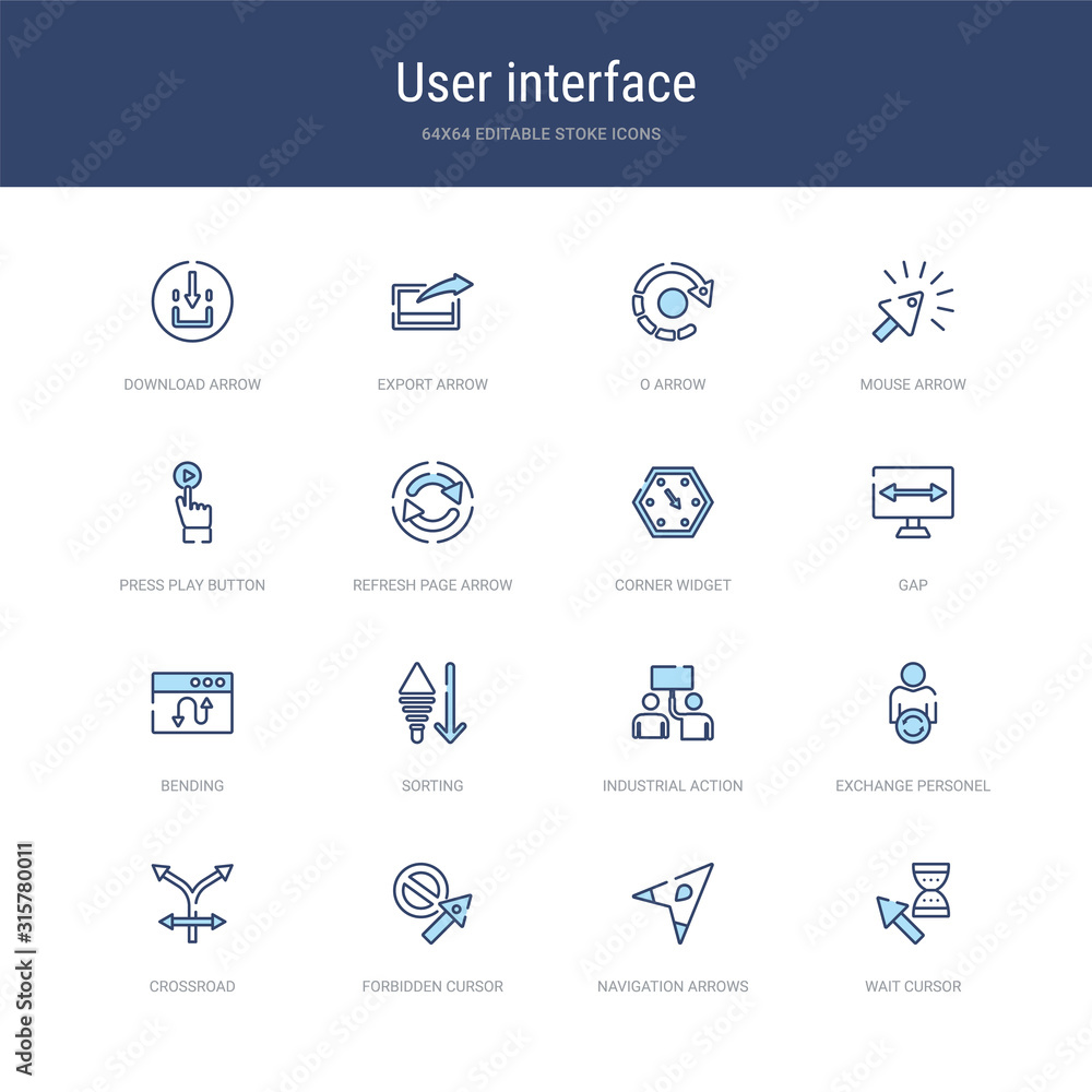 Poster set of 16 vector stroke icons such as wait cursor, navigation arrows, forbidden cursor, crossroad, e