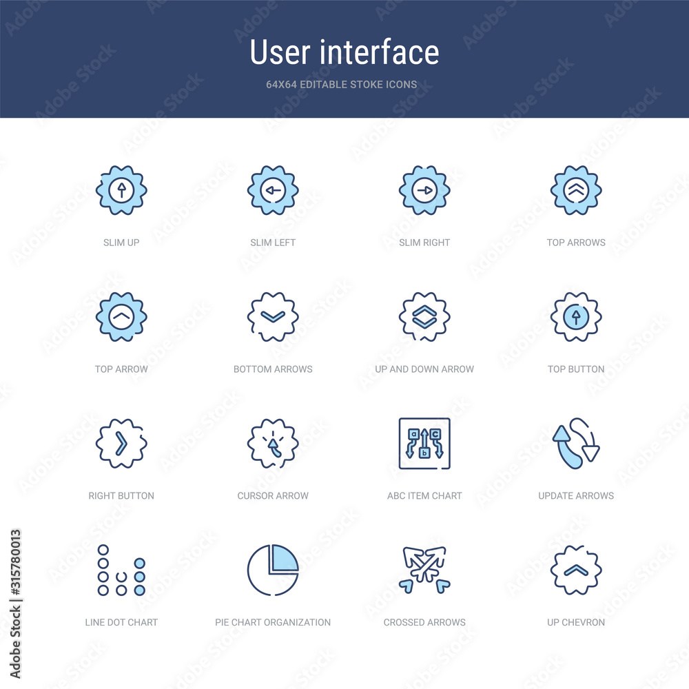 Poster set of 16 vector stroke icons such as up chevron, crossed arrows, pie chart organization, line dot c