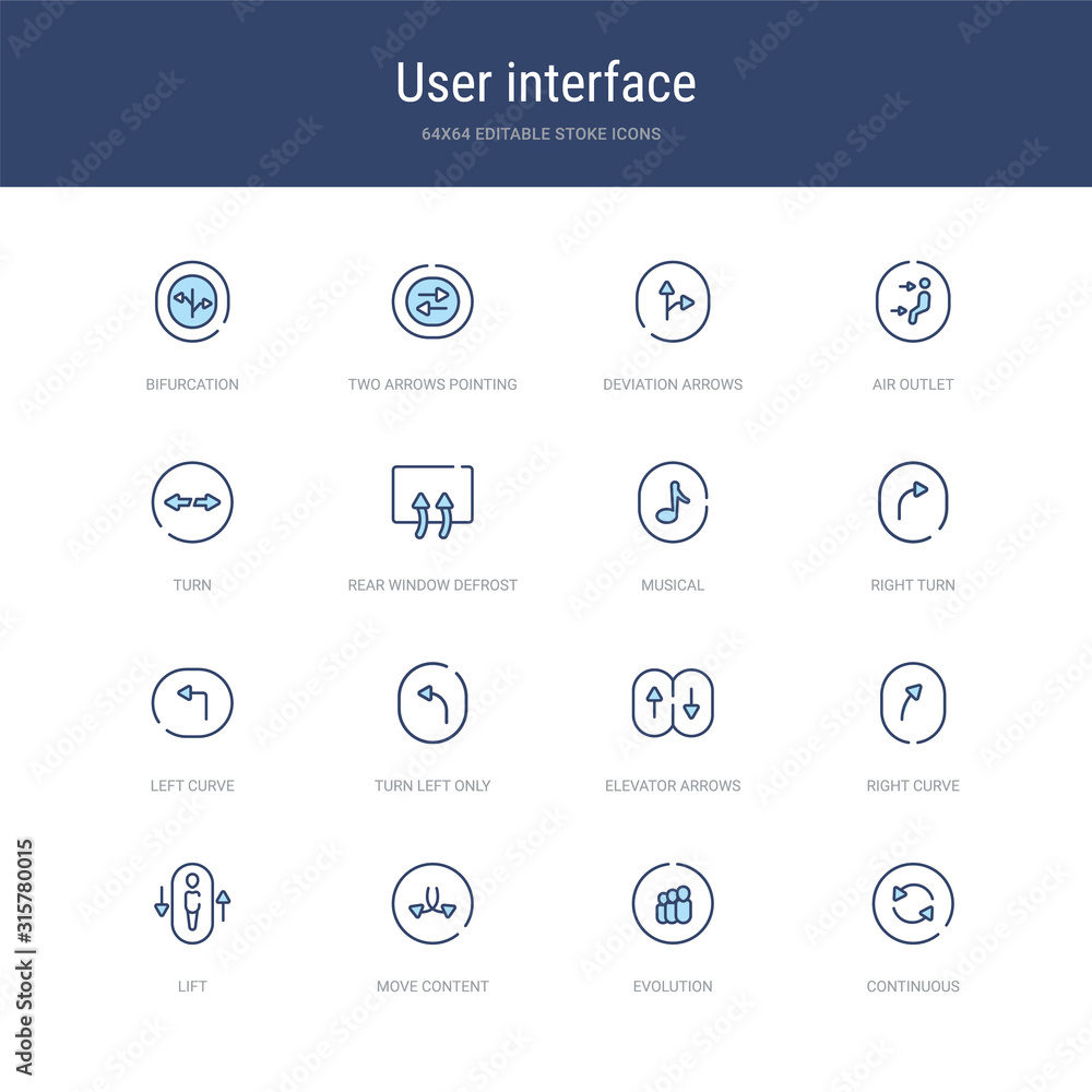 Poster set of 16 vector stroke icons such as continuous, evolution, move content, lift, right curve, elevat