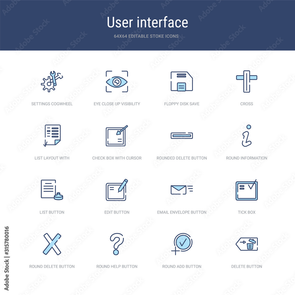 Poster set of 16 vector stroke icons such as delete button, round add button, round help button, round dele