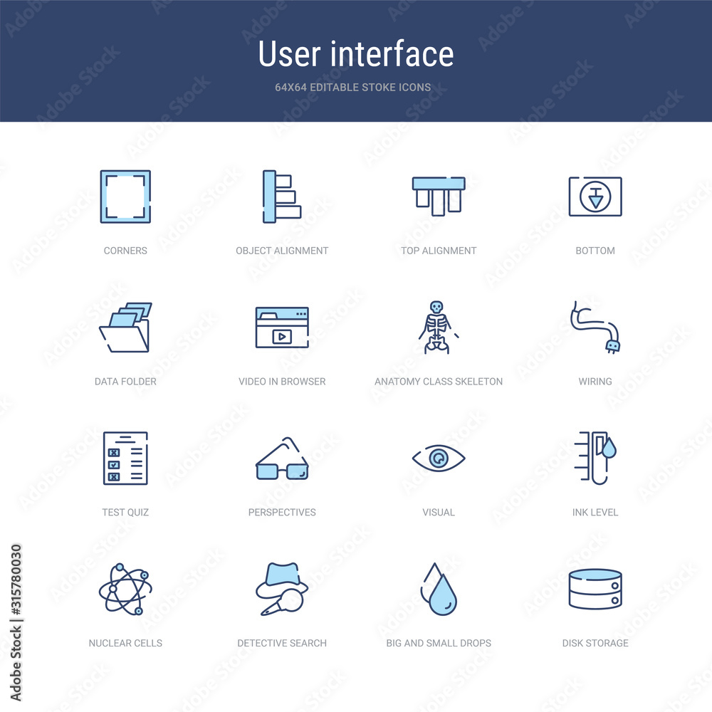 Poster set of 16 vector stroke icons such as disk storage, big and small drops, detective search, nuclear c