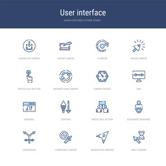 set of 16 vector stroke icons such as wait cursor, navigation arrows, forbidden cursor, crossroad, exchange personel, industrial action from user interface concept. can be used for web, logo,