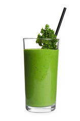 Tasty fresh kale smoothie on white background