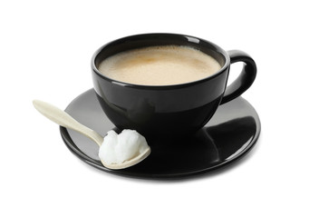 Delicious coffee with organic coconut oil isolated on white