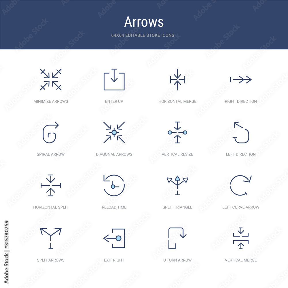 Poster set of 16 vector stroke icons such as vertical merge, u turn arrow, exit right, split arrows, left c