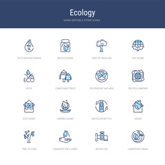 set of 16 vector stroke icons such as landscape image, water tap, raindrop on a hand, tree of love, house, recycled bottle from ecology concept. can be used for web, logo, ui\u002fux