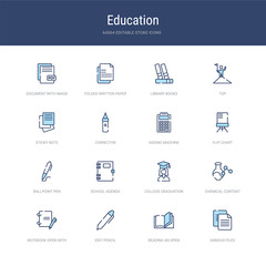 set of 16 vector stroke icons such as various files, reading an open book, edit pencil, notebook open with bookmark, chemical content, college graduation from education concept. can be used for web,